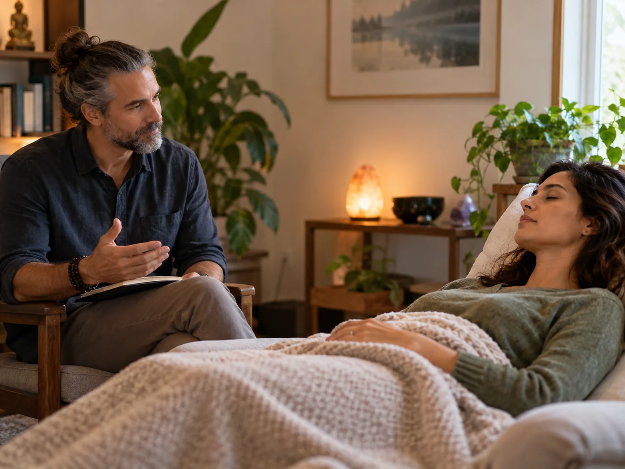 A facilitator with an open notebook talks with a woman lying under a blanket in a warm, plant-filled room.