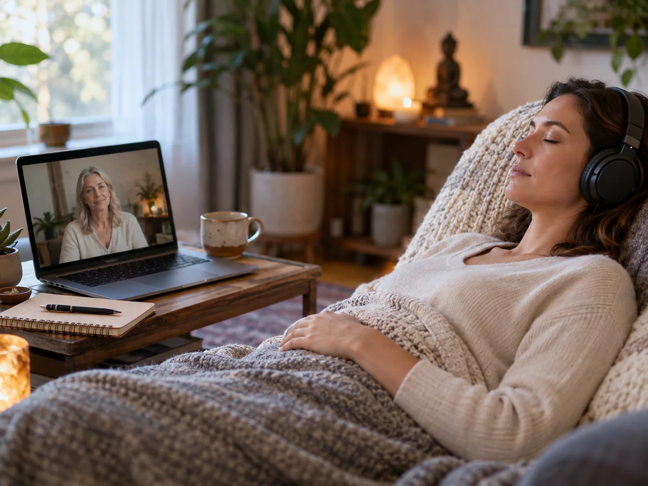 A woman rests under a knitted blanket with her eyes closed and headphones on, a laptop on the table showing the facilitator.