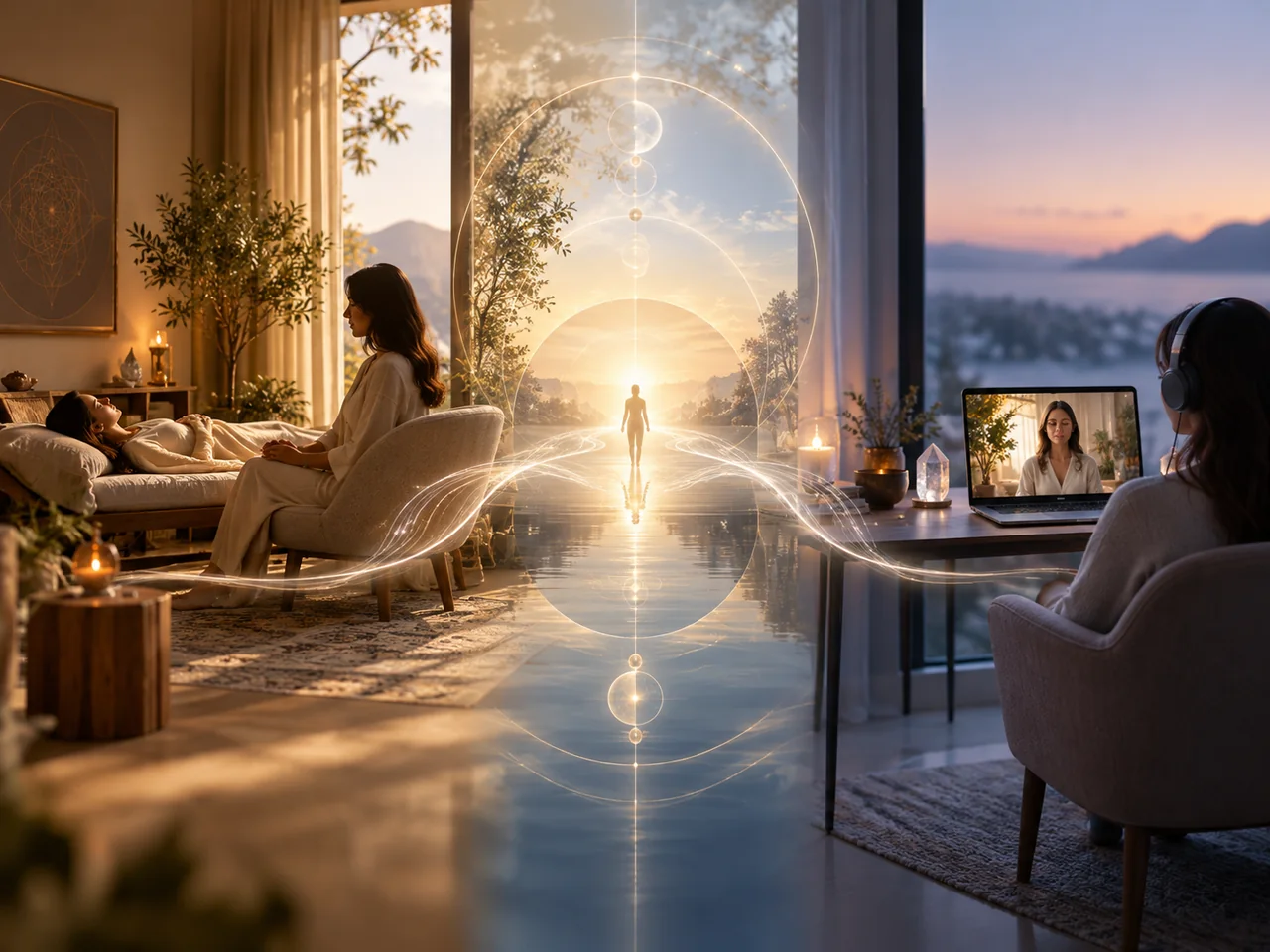 Two rooms joined by a ribbon of light, one with an in-person session and one with a laptop, a figure walking towards the sun between them.