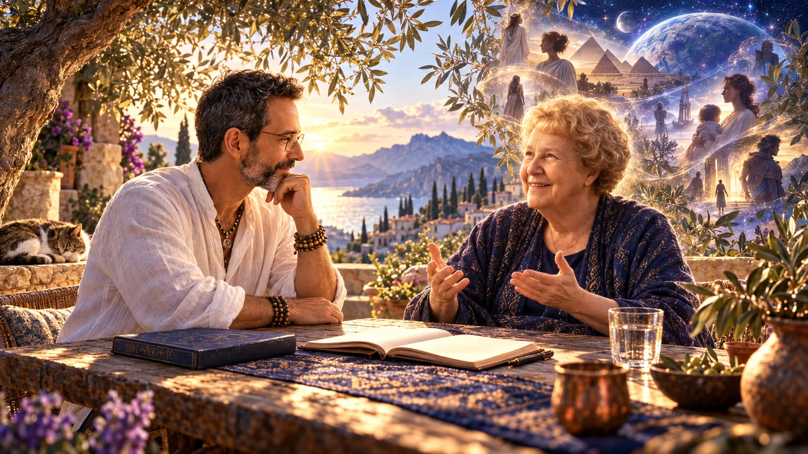 Two figures in conversation at a stone table beneath an olive tree at sunset, with faint scenes of other times dissolving into the sky behind them.