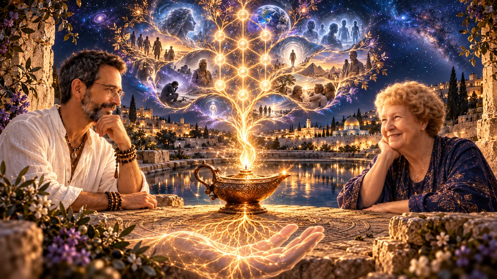 A single oil lamp burning on a stone table, its light branching upward into a tree of connected points above a night city.