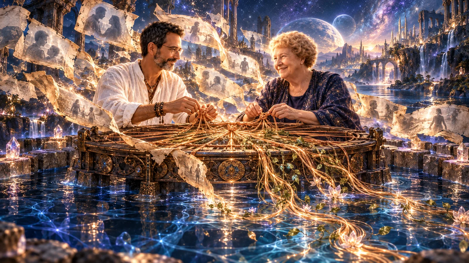 Two pairs of hands at a round frame over still water, untying and re-tying golden threads that run out across the surface.