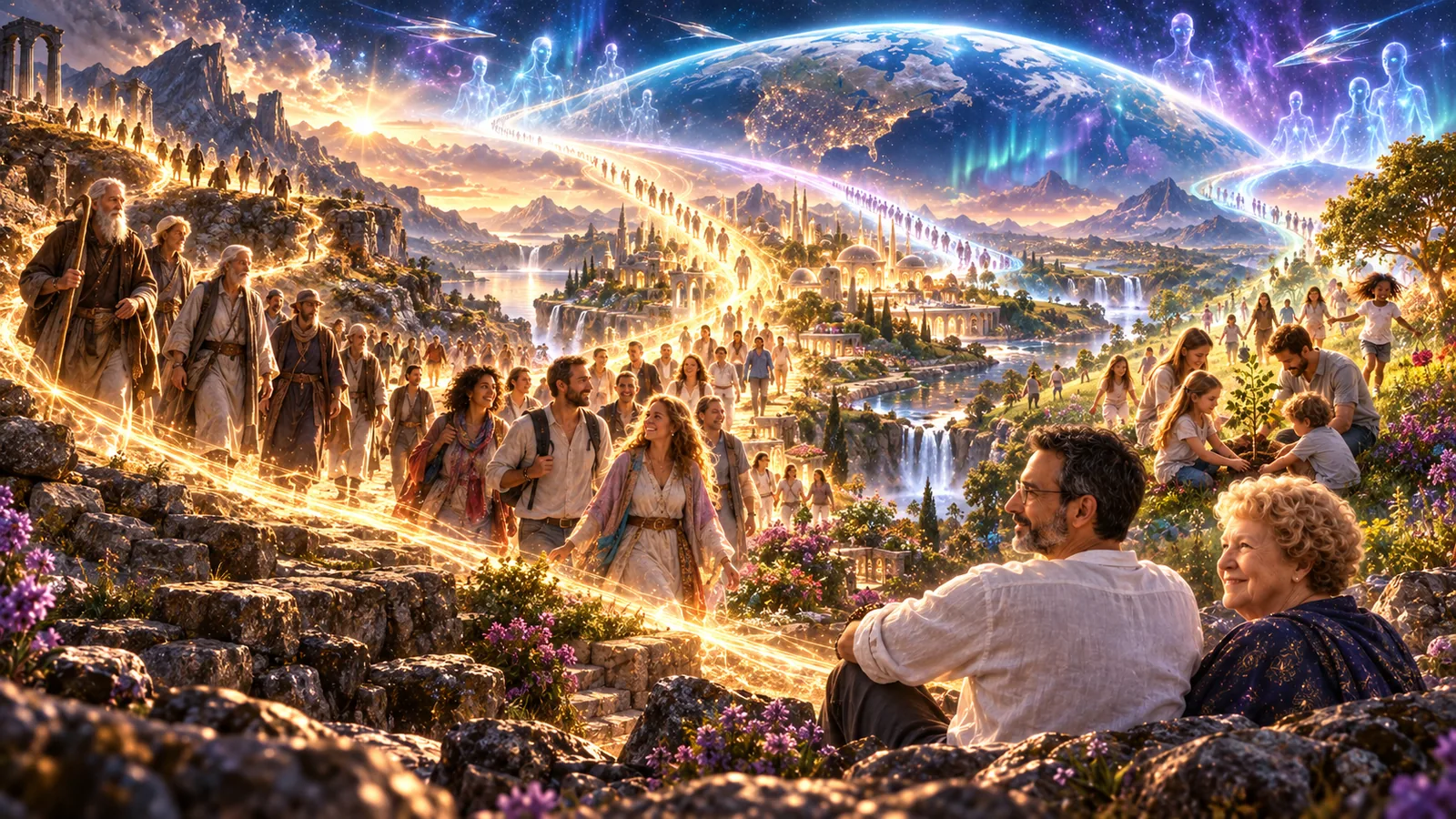 Streams of people of different eras walking separate lit paths that converge across a wide landscape beneath the curve of the Earth.