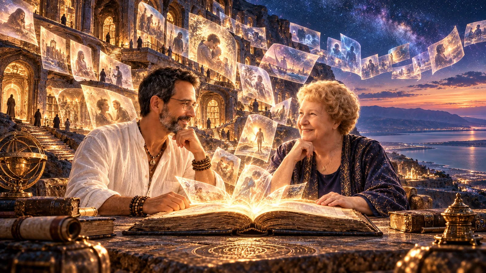 An open book on a terrace at dusk, its pages lifting away as translucent panels of scenes, above a lit coastline.