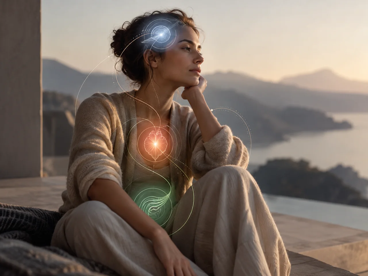 A woman sits looking out over a bay at dusk, with three soft points of light drawn at her head, chest and belly.