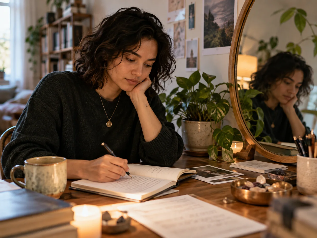 A woman writes in a notebook at a wooden table by candlelight, her reflection visible in a round mirror beside her.