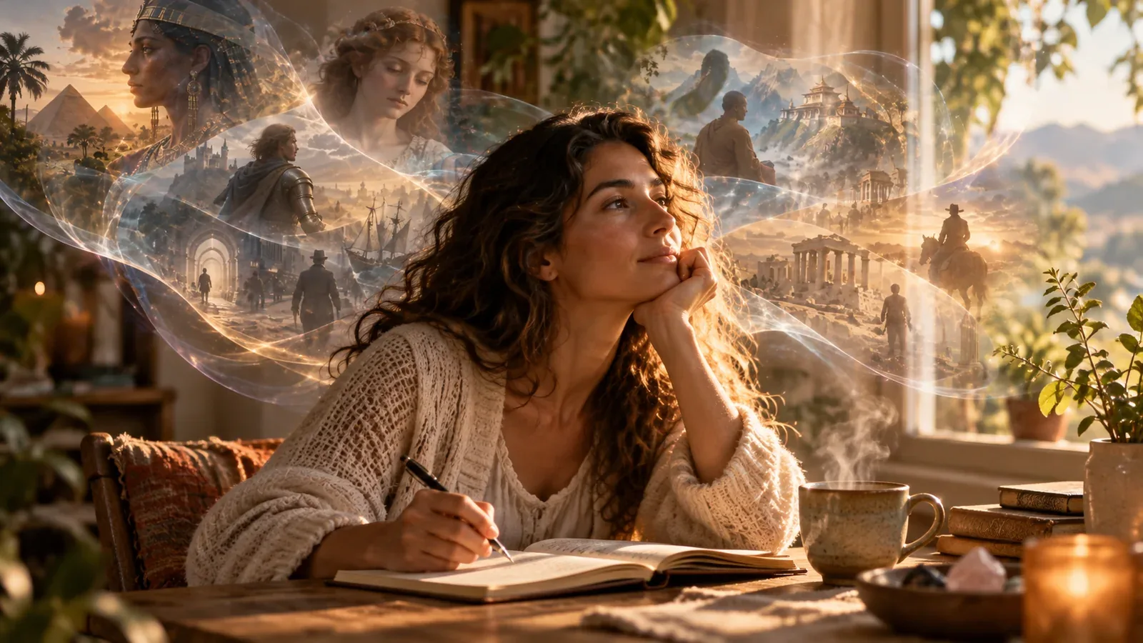 An open notebook and a cup on a table by a window in morning light, the page partly written.