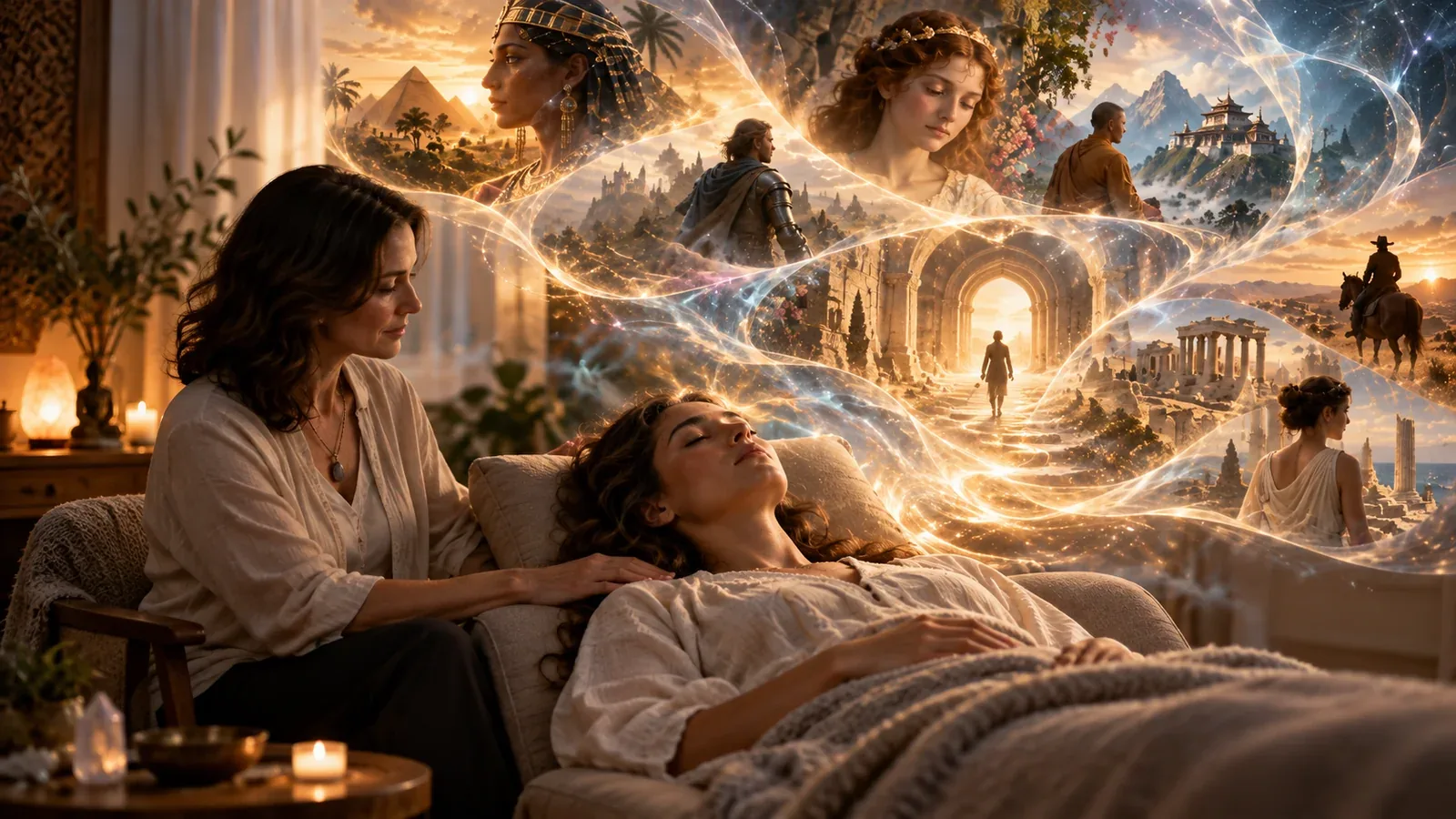 A person lying at rest in a dim, warm room, with soft concentric light gathering above them.