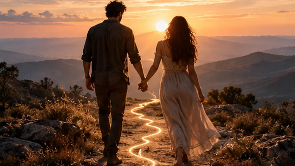 A couple walking away from the camera along a hilltop path at sunset, holding hands, a thread of light running along the path ahead of them.