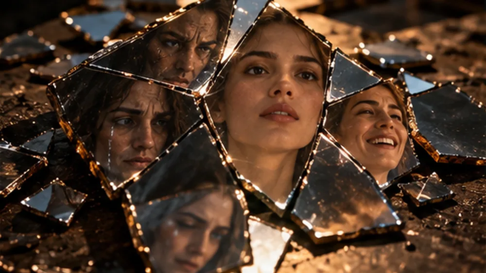 Shards of a broken mirror on the ground, each holding the same face with a different expression — angry, crying, calm, laughing.