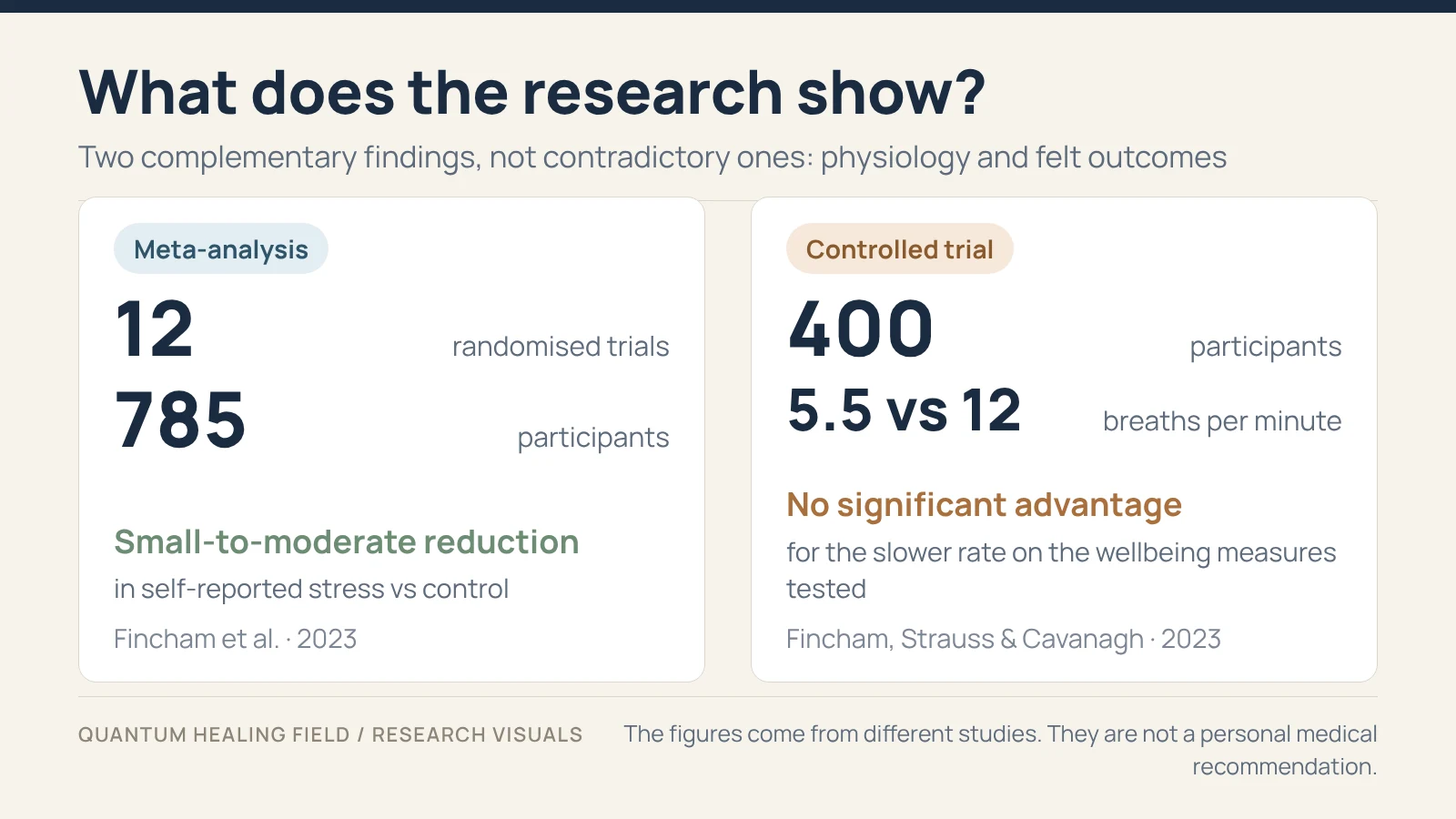 Two summary cards side by side: a meta-analysis of twelve trials with 785 participants, and a controlled trial of 400 participants.