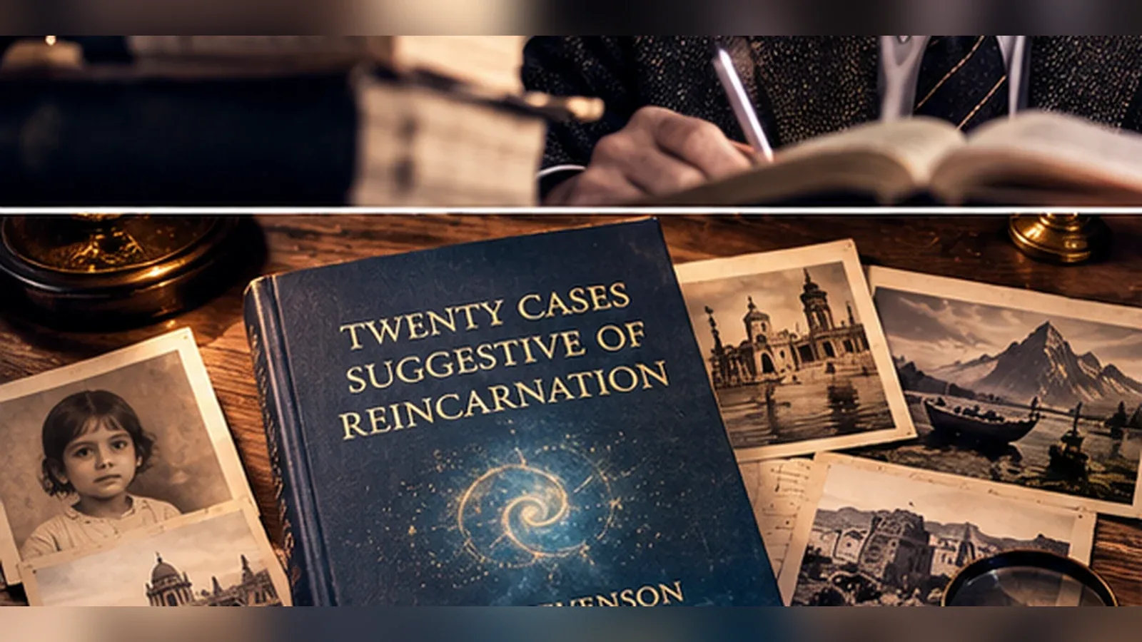 ספר כחול כהה בשם Twenty Cases Suggestive of Reincarnation מונח על שולחן, לצד תצלומים ישנים של ילדים ושל ערים רחוקות.