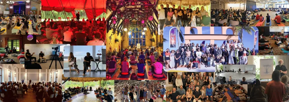 A collage of Dan Brulé's breathwork trainings and gatherings around the world