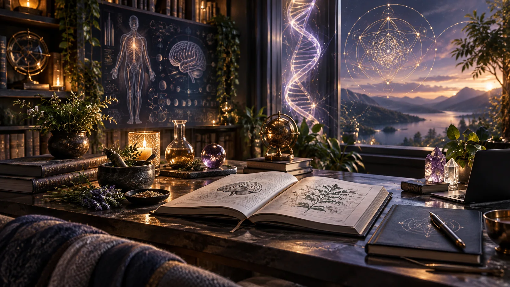 A working table of herbs, crystals and books against a mountain landscape at sunset