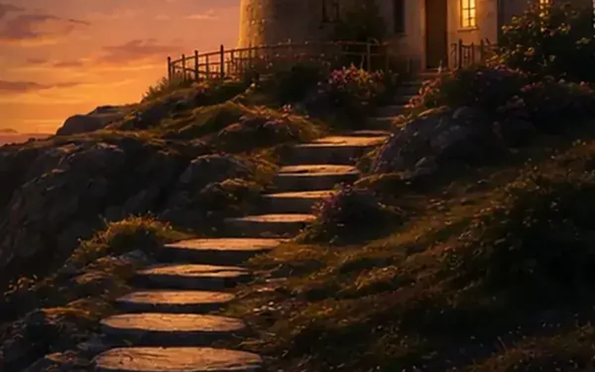 Path toward a lighthouse at sunrise representing addiction recovery and rebuilding.