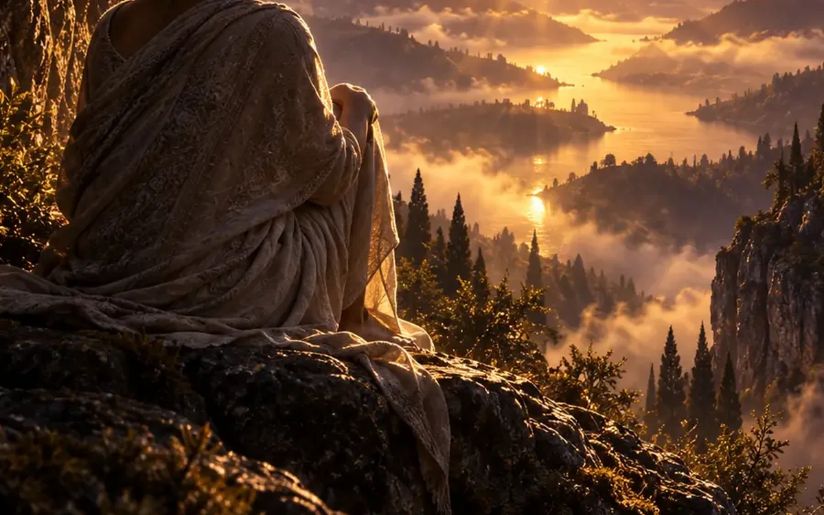 A figure seated on a hillside at dawn, watching light spread across a misted valley below.