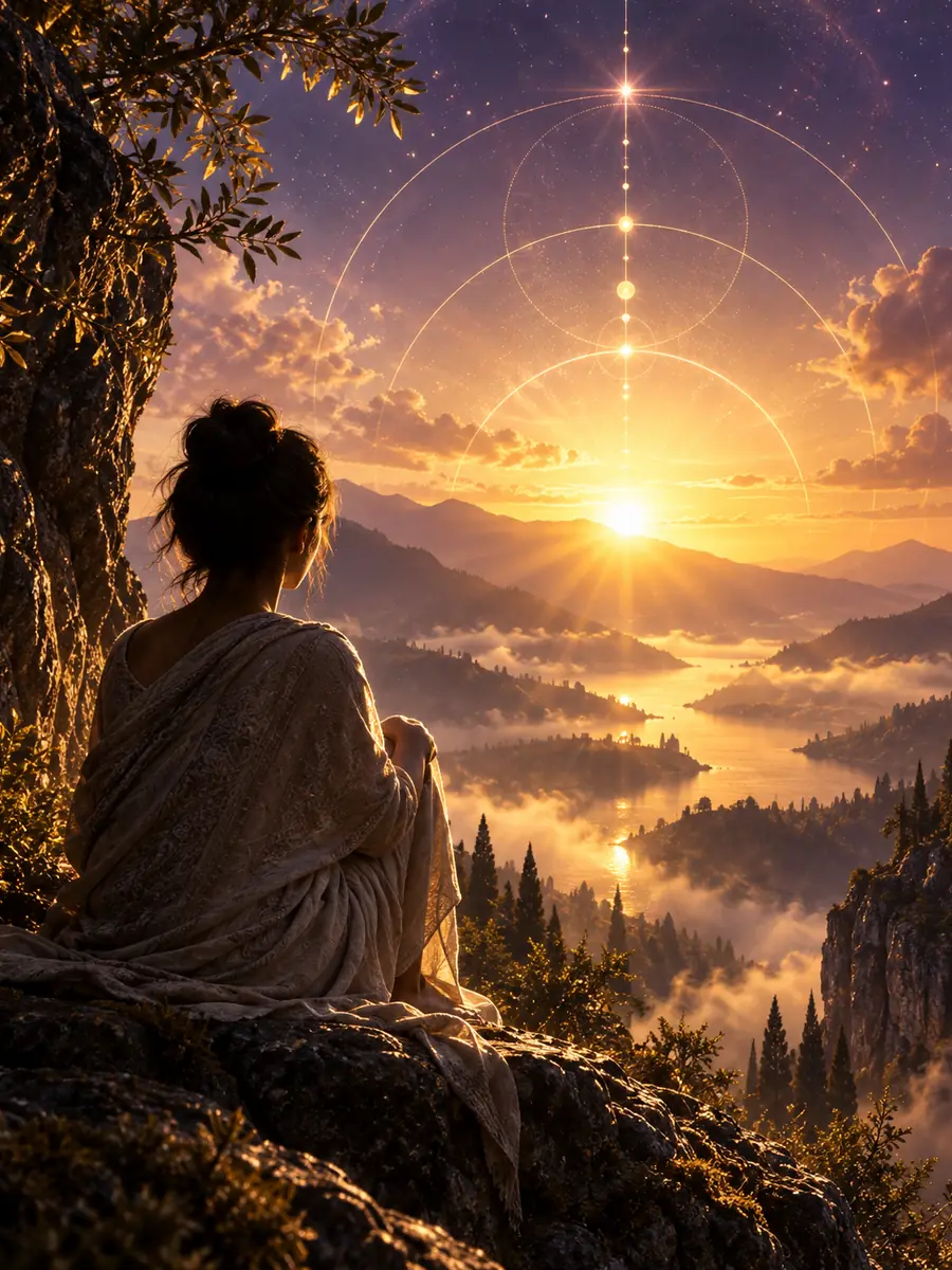 A figure seated on a hillside at dawn, watching light spread across a misted valley below.