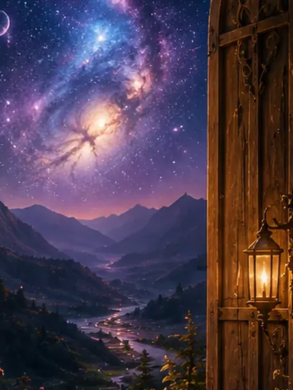 Meditative figure approaching a luminous portal in a symbolic consciousness journey.