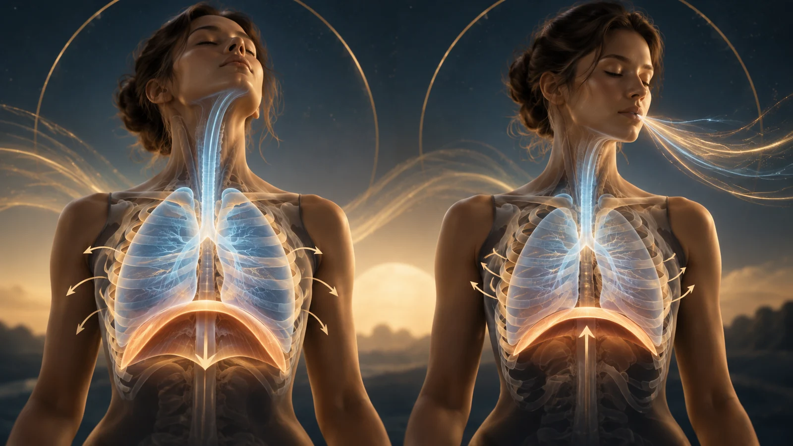Two-state illustration comparing the body on the inhale and on the exhale