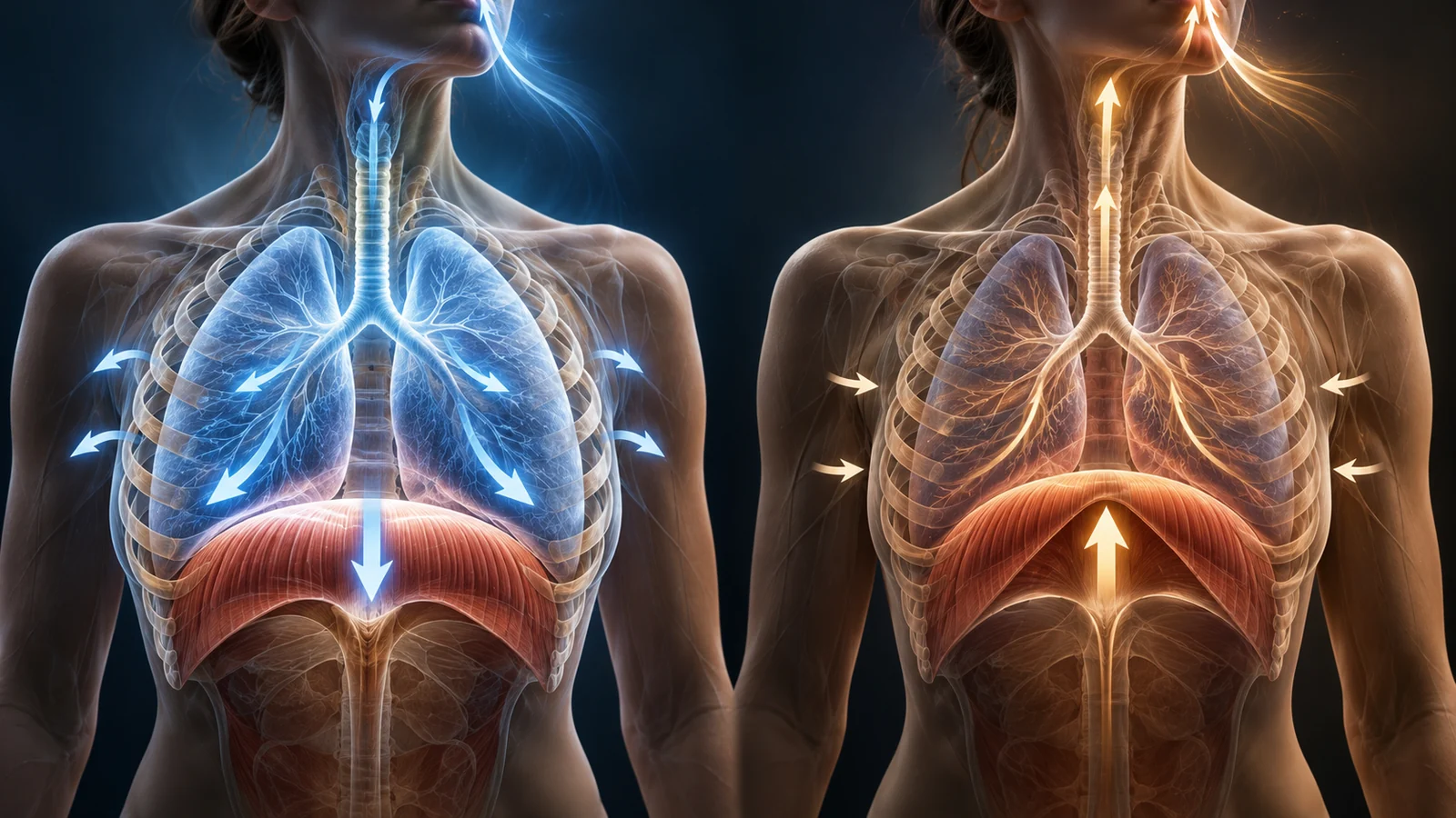 Illustration of diaphragm, lung and rib movement during breathing