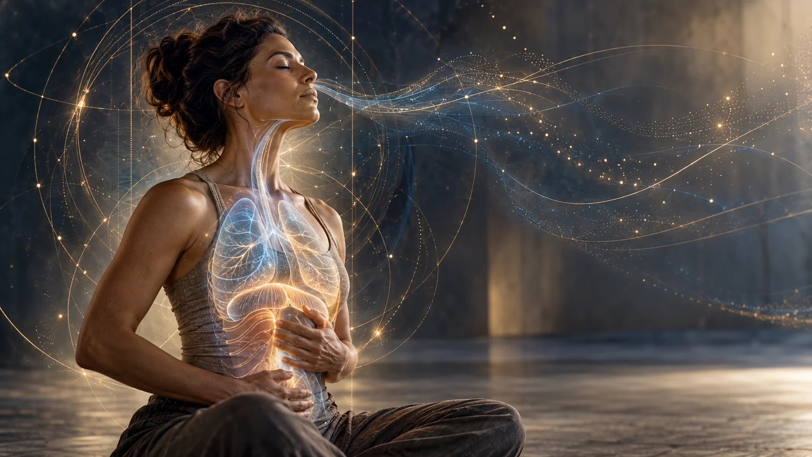 Person practicing conscious breathwork with subtle lung and diaphragm visualization