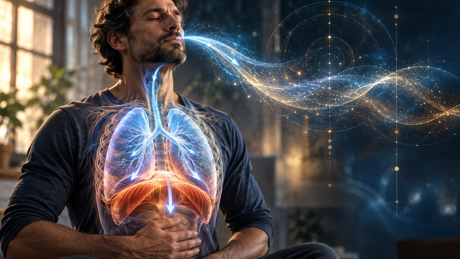 A person practising conscious breathing with a subtle visualization of the lungs and the surrounding field