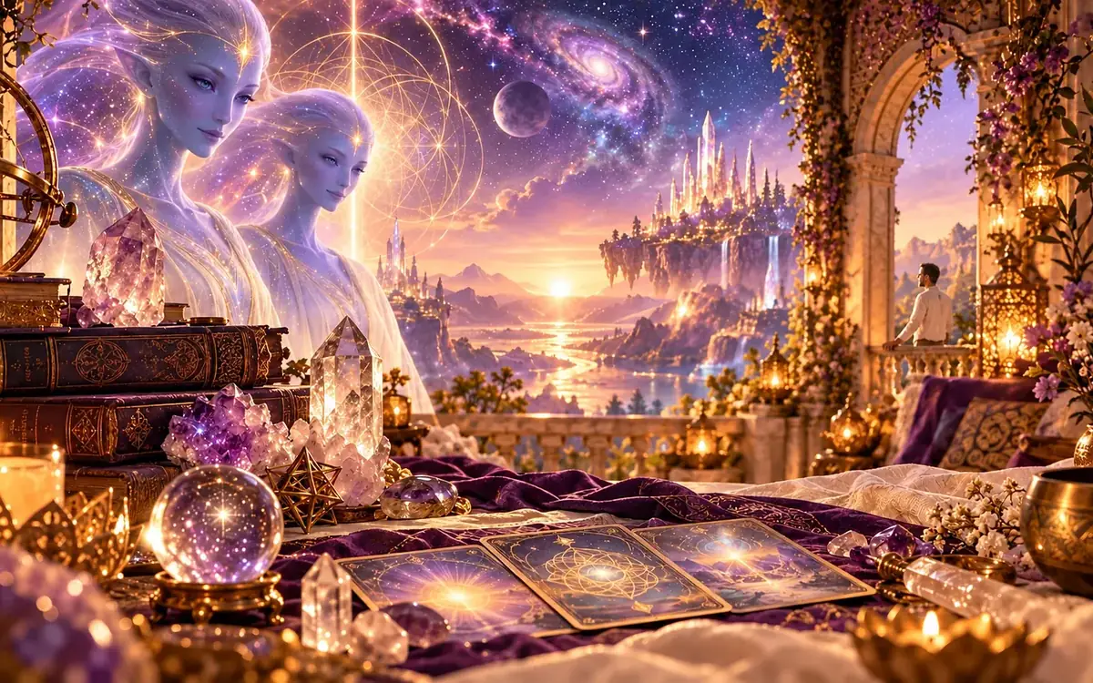 Mystical channeling and conscious-creation scene with sacred geometry and symbolic books and cards.