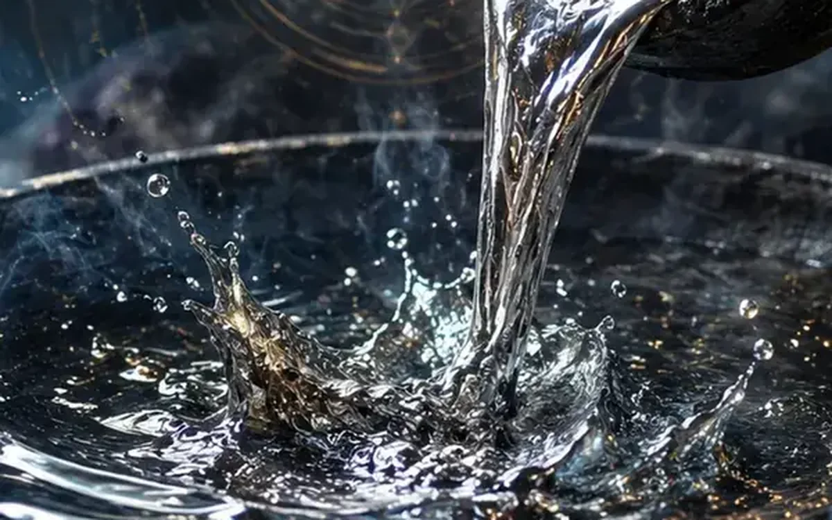 Traditional lead cleansing ritual with molten lead poured into water for symbolic spiritual cleansing.
