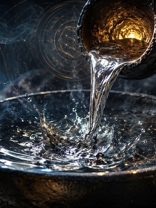 Traditional lead cleansing ritual with molten lead poured into water for symbolic spiritual cleansing.