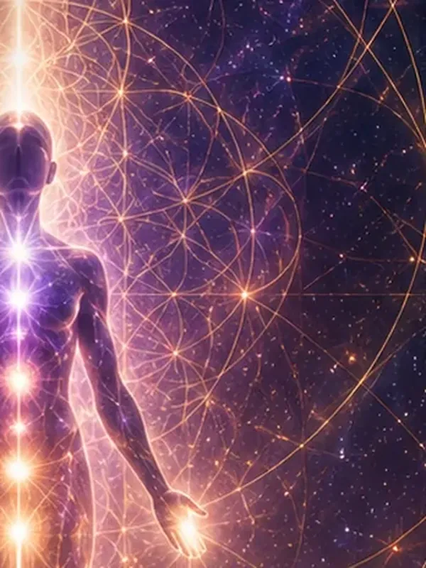 Multidimensional energy-work scene with sacred geometry and cosmic light.