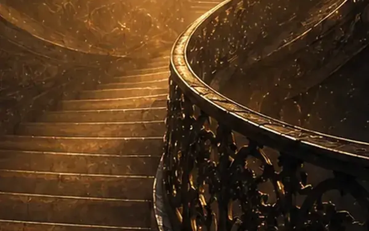 Golden symbolic journey through light representing deep inner exploration.