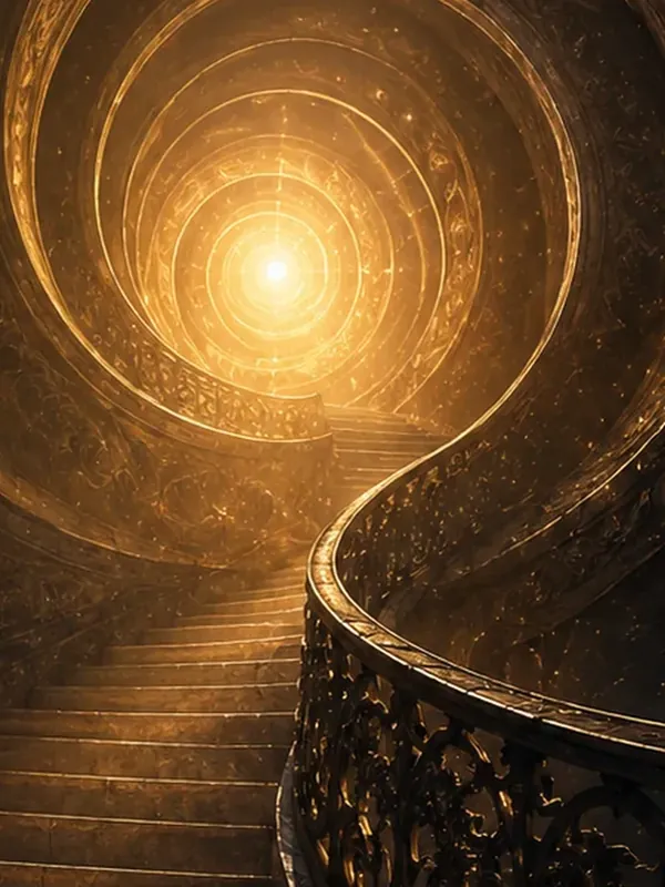 Golden symbolic journey through light representing deep inner exploration.