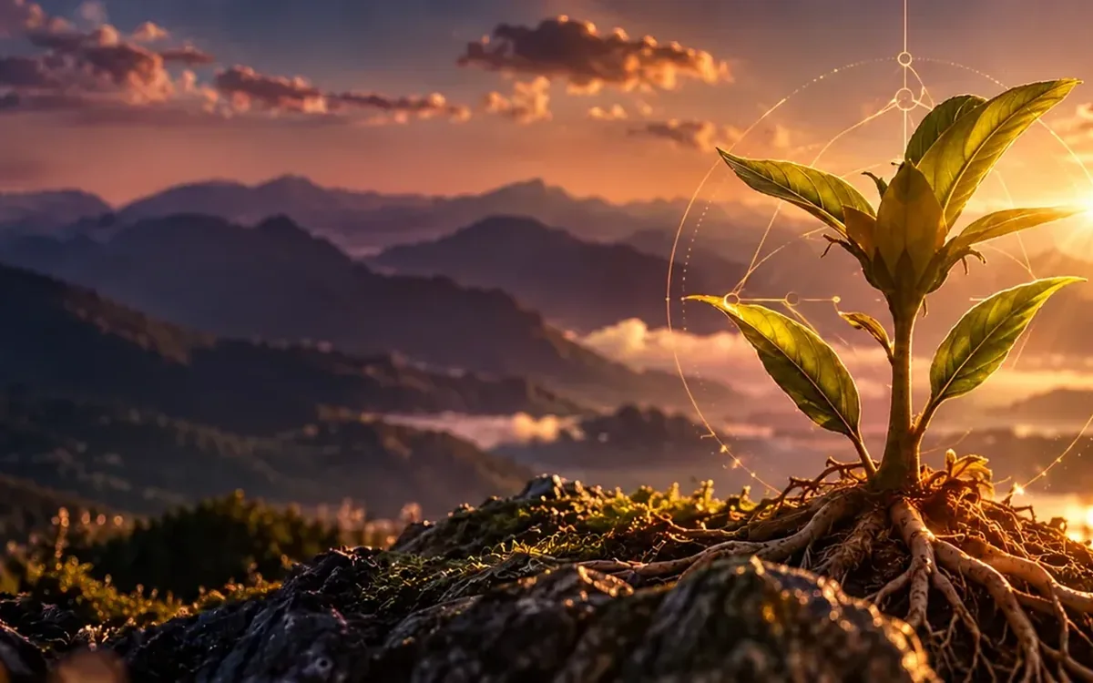 New growth emerging through a symbolic healing landscape.