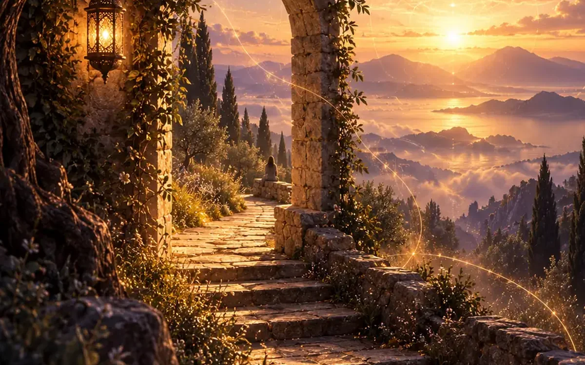 A stone archway opening onto a lantern-lit path, mist clearing over a valley at sunrise.