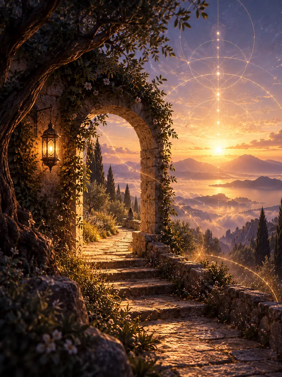A stone archway opening onto a lantern-lit path, mist clearing over a valley at sunrise.
