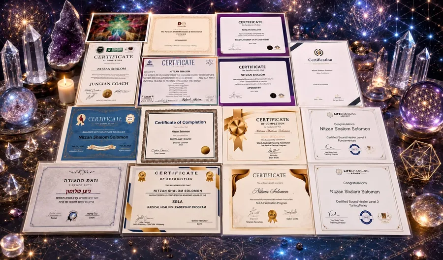Certificates from holistic health, Jungian coaching, Radical Healing, BQH, QHHT, sound healing, Apometry and mediumship training, arranged together.